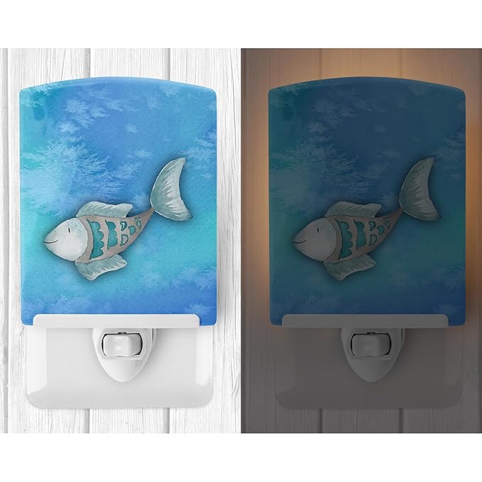 Caroline's Treasures BB7386CNL Blue Fish Watercolor Ceramic Night Light Compact, UL-Certified, Ideal for Bedroom, Bathroom, Nursery, Hallway, Kitchen, 6x4x3, Multicolor