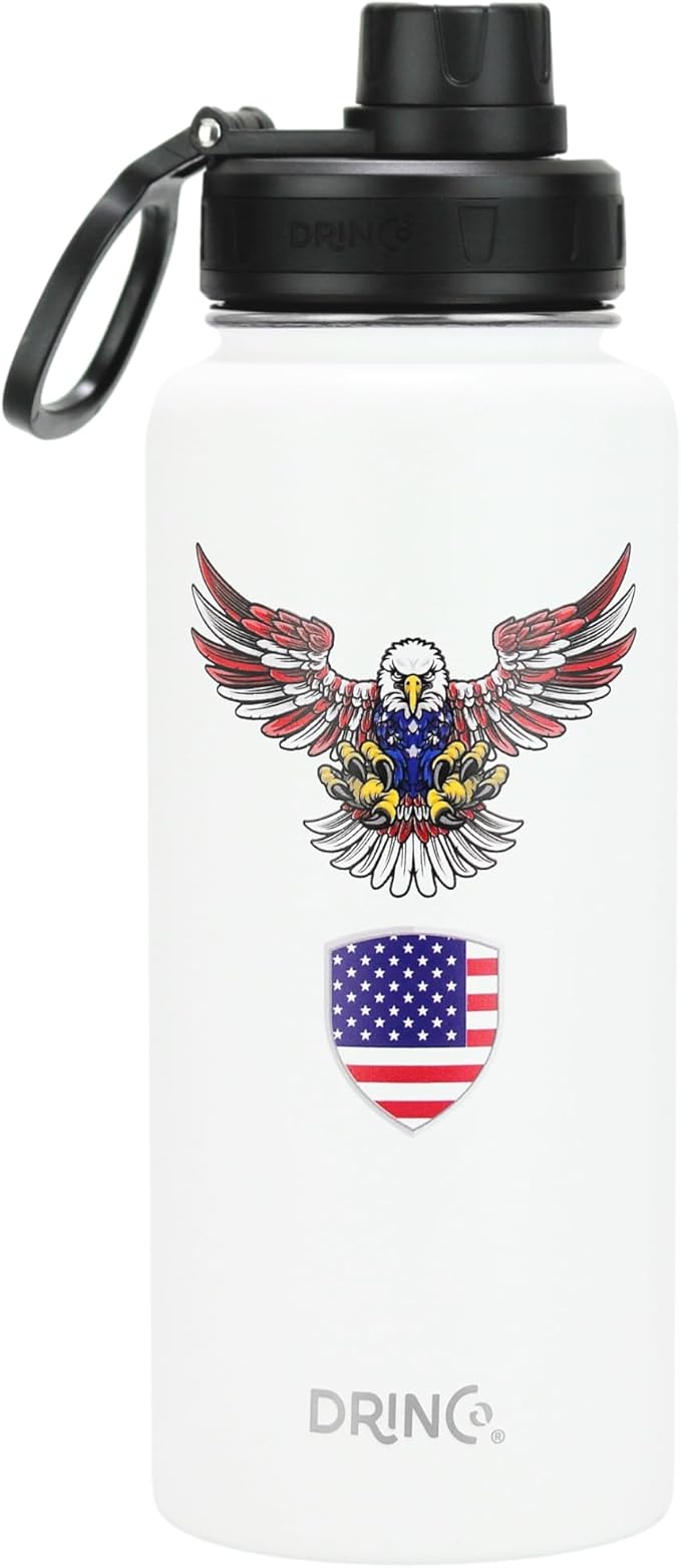 DRINCO Stainless Steel Water Bottle Spout Lid Vacuum Insulated Double Wall Water Bottle USA Flag Military Veteran (32oz Eagle Artic White, 32oz)