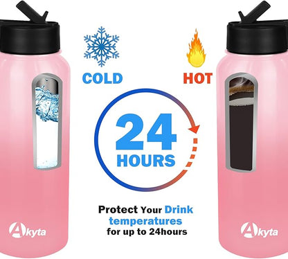 32 OZ Water Bottle, Sports Water Bottle with Straw Lid, Vacuum-Insulated Stainless-Steel, Keep Water Cold/Hot, Double-walled Thermos Metal Water Bottle (Pink, 32 OZ)
