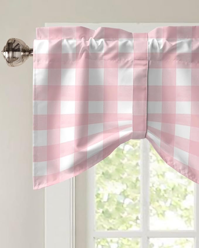 Christmas Blackout Tie Up Valance Curtains for Kitchen Windows Rustic Pink White Buffalo Check Plaid Pattern Window Toppers Balloon Shades for Living Room/Bathroom/Bedroom,1 Panel, 42" X 18",Farmhouse