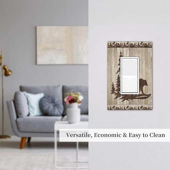 Rustic Wood Bear Forest 1 Gang Rocker Light Switch Plate Vintage Antique Cabin Single Decora Outlet Wall Plate Cover Faceplate Decorative Switchplate GFCI for Farmhouse Bathroom Bedroom Decorate