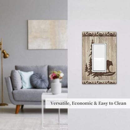 Rustic Wood Bear Forest 1 Gang Rocker Light Switch Plate Vintage Antique Cabin Single Decora Outlet Wall Plate Cover Faceplate Decorative Switchplate GFCI for Farmhouse Bathroom Bedroom Decorate