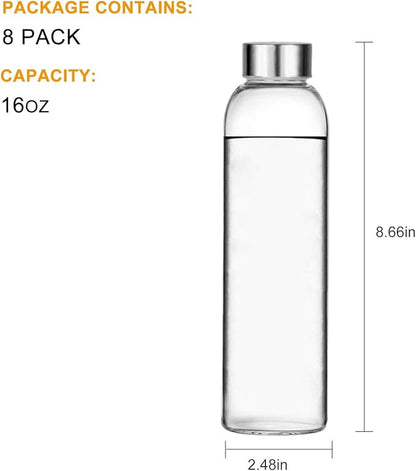 Encheng Glass Water Bottles, Glass Beverage Bottles 16oz,Drinking Bottles With Leakproof Stainless Steel Cap 500ml,Reusable Juice Bottles Beverage Drinkware,To Go Travel Bottles For Drink,Sauce 8Pack