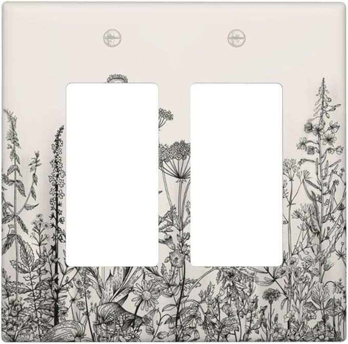 Vintage Grey Floral Herbs Wild Flowers Botanical 2 Gang Rocker Decora Boho Light Switch Covers Decorative Country Unique Dual Outlet Covers Wall Plate Electrical Faceplate Switchplate GFCI