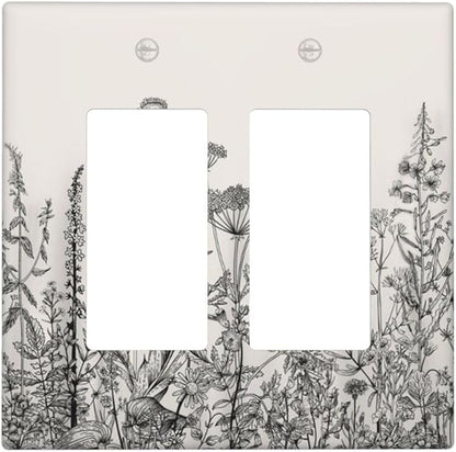 Vintage Grey Floral Herbs Wild Flowers Botanical 2 Gang Rocker Decora Boho Light Switch Covers Decorative Country Unique Dual Outlet Covers Wall Plate Electrical Faceplate Switchplate GFCI