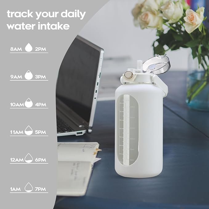 74 oz Glass Water Bolttles with Straw Large Motivational Water Bottle with Time Marker Sports Water Bottles with Silicone Sleeve and Handle Lid 2.2L Water Jug for Gym Workout