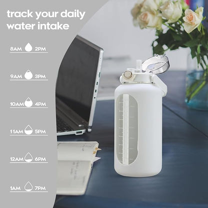 74 oz Glass Water Bolttles with Straw Large Motivational Water Bottle with Time Marker Sports Water Bottles with Silicone Sleeve and Handle Lid 2.2L Water Jug for Gym Workout