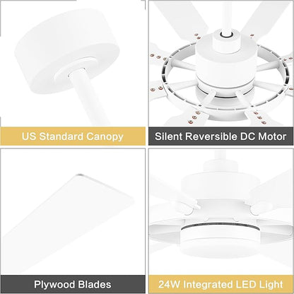 72" Ceiling Fan with Lights and Remote Control, Wood 8 Blades 6-Speed Noiseless Reversible DC Motor, 3 Downrods, Modern Large Ceiling fan for Covered Patio Bedroom Living Room Office, White