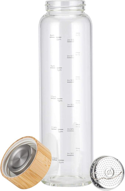 Glass Water Bottle 32 oz Wide Mouth with Sleeve Bamboo Lid Motivational Water Bottle With Time Marker Reusable Safe for Hot Cold Drinks Bpa Free (Black)