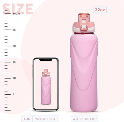 32 oz Sports Glass Water Bottle with Straw & Silicone Sleeve Reusable BPA-free Borosilicate Glass Drinking Bottle with Flip Top Lid & Handle Wide Mouth (Pastel Pink)
