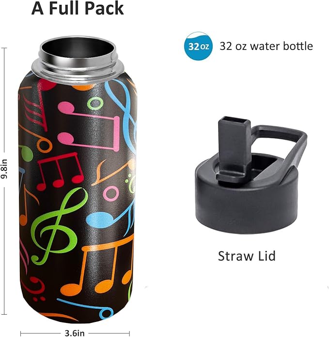 32 oz Music Water Bottle Insulated Vacuum Stainless Steel Sports Water Bottle with 2 Lids (Straw and Spout Lid) for Gym Camping Hiking