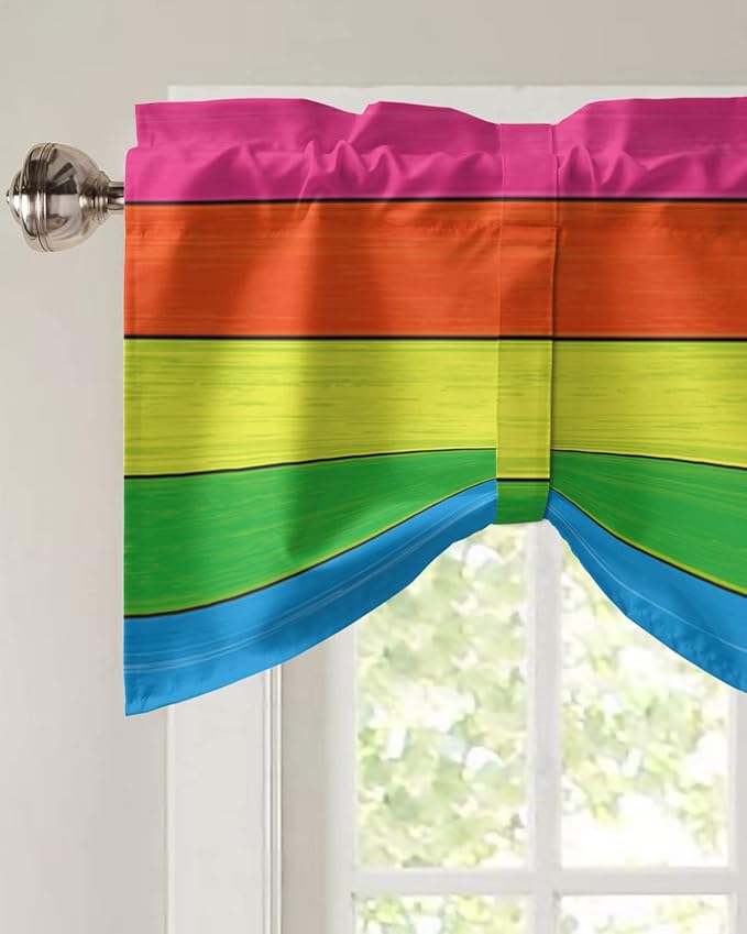 Farmhouse Blackout Tie Up Valance Curtains for Kitchen Windows,Rainbow Retro Rustic Barn Wood Texture Window Toppers Balloon Shades for Living Room/Bathroom/Bedroom,1 Panel,60" X 18" -1 Panel