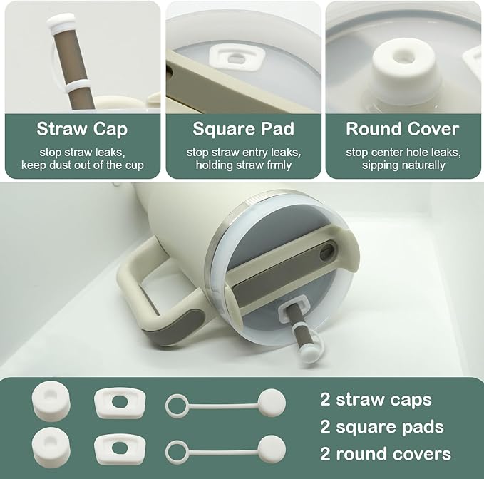 Accessories Set for Stanley 40oz including 6PCS Silicone Spill Proof Stopper 1PCS Straw Cover 1 PCS Siliconce Boot Sleevec 1 PCS Silicone Water Bottle Handle Strap 1PCS Straw & Cleaning Brush