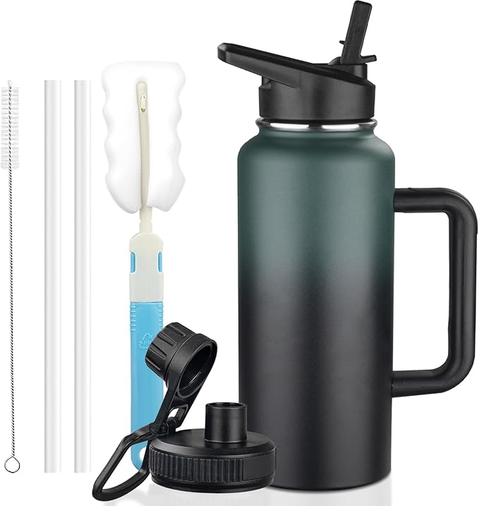 32oz Insulated Water Bottle with Handle, Stainless Steel Sports Metal Water Flask with Straw & 2 Leak Proof Lids, Double Walled Vacuum Wide Mouth Water Bottle for Travel,Camping,Gym (Dark Green Black)