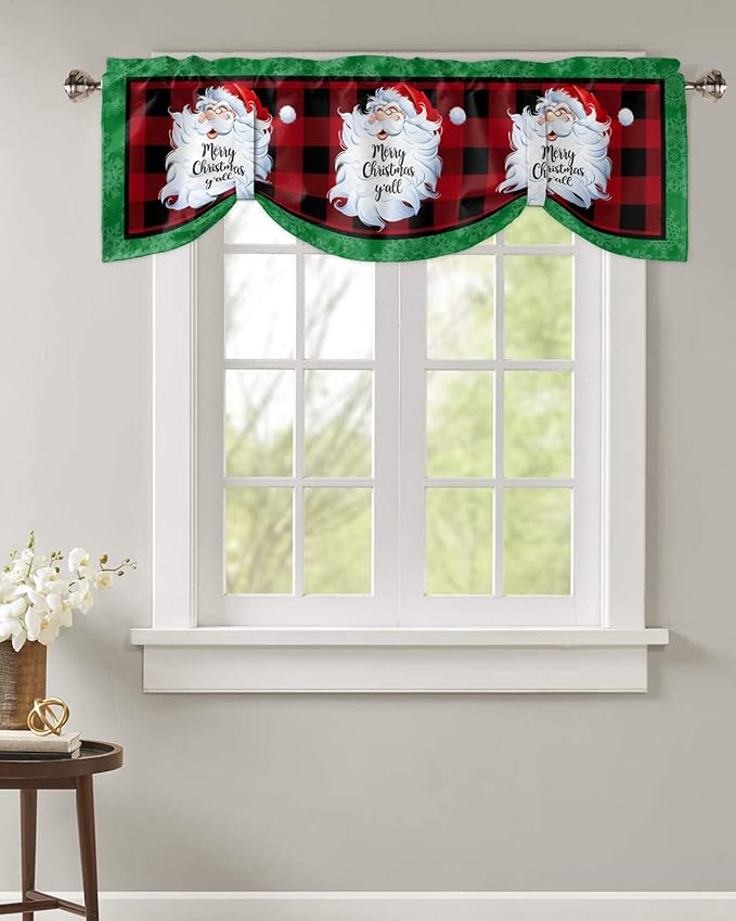 Merry Christmas Y'all Blackout Tie Up Valance Curtains for Kitchen Windows XMAS Santa Claus Window Toppers Balloon Shades for Living Room/Bathroom/Bedroom,1 Panel,54" X 18" Red Buffalo Plaid