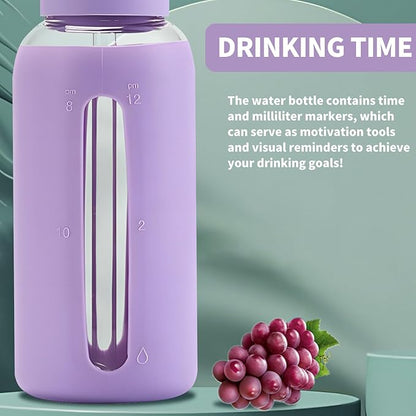 27 Oz Hydration Bottle,Minimalist Glass Water Bottle With Silicone Sleeve,Wide Mouth Opening With 2 Lids,Train Straws,Gift for Kids/Adults,Sport Glass Water Bottle for Gym/Yoga/Outdoor (PurPle, 27 oz)