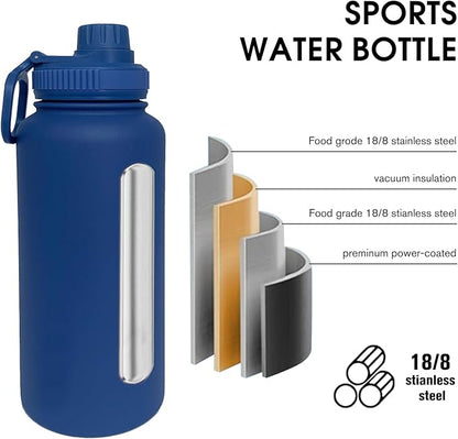 32oz Insulated Water Bottle ，Stainless Steel Sports Water Cup Flask with 2 Lids, Wide Mouth Travel Thermal Mug,Outdoor Sports Bottle（Dark Blue）