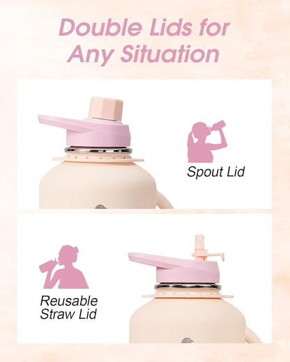 64oz Insulated Water Bottle, Coolflask Half Gallon Water Jug With Handle Straw Stainless Steel Double-Walled Vacuum Metal Large Flask With Strap Non-BPA Leakproof, Keep Cold 48 Hrs, Apricot Pink
