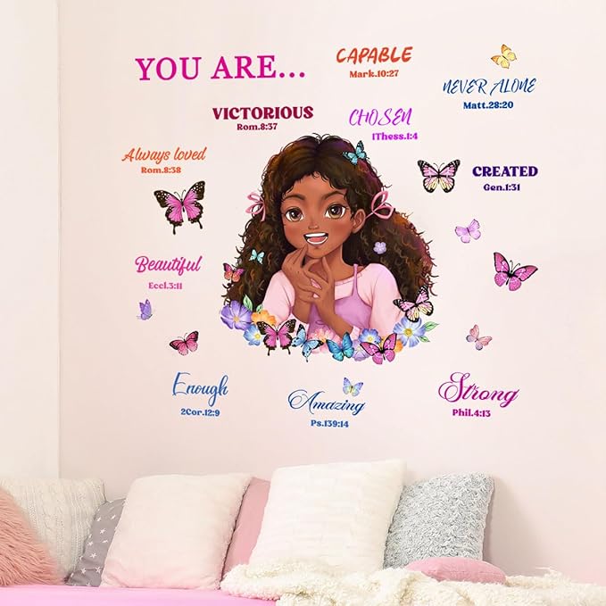 Lovely Little Girl Butterfly Wall Decals Inspirational Quotes Wall Decals Positive Words Motivational Lettering African American Wall Stickers for Baby Toddler Room Decorations Nursery Playroom