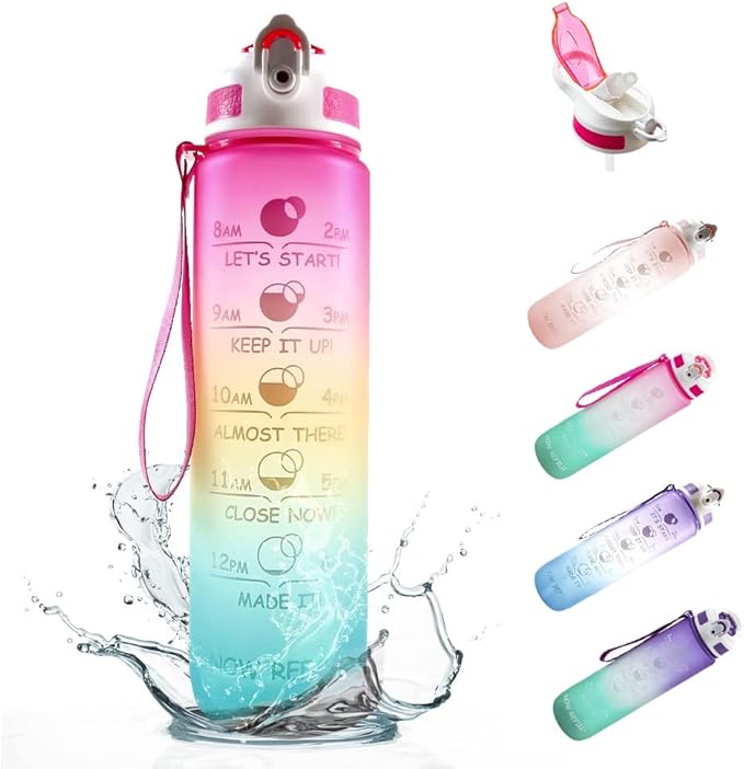 PROMETHEUZ Sports Water Intake Reminder Bottle with Time Marker and Straw, Leakproof Tritan BPA-Free, Fast Flow, Pink Yellow Mint, 32 oz