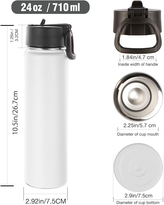 Volhoply 24oz Insulated Water Bottle With Straw Bulk 3 Pack,Metal Wide Mouth Water Bottles With Handle Lid Keep Cold,Reusable Double Wall Thermos,Powder Coated Sport Bottle For Holder(White,3 Count)