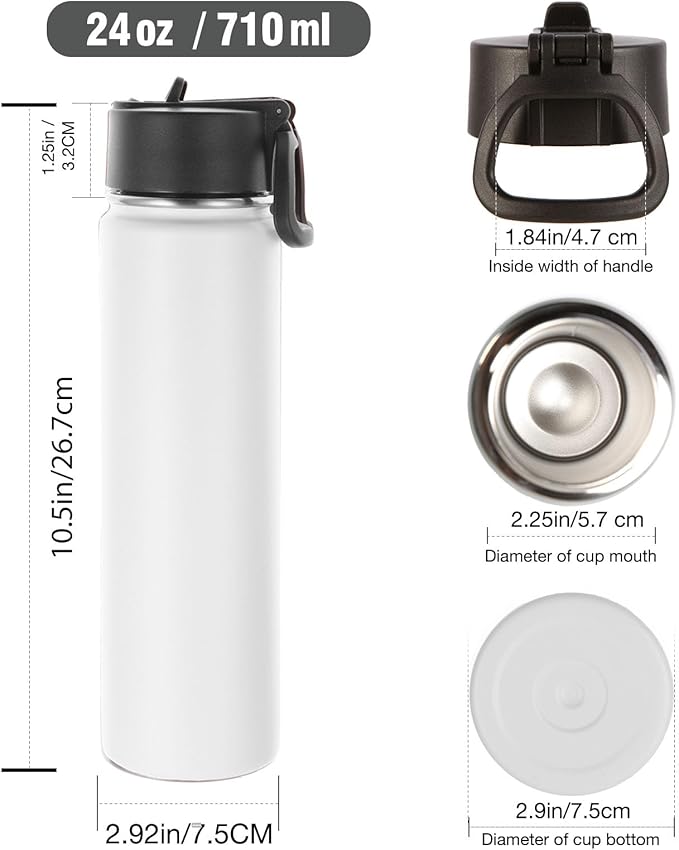 Volhoply 24oz Insulated Water Bottle With Straw Bulk 8 Pack,Metal Wide Mouth Water Bottles With Handle Lid Keep Cold,Reusable Double Wall Thermos,Powder Coated Sport Bottle For Holder(White,8 Count)