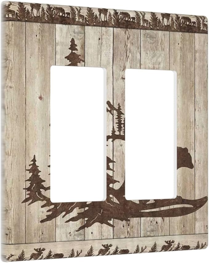 Rustic Wood Bear Forest 2 Gang Rocker Decora Light Switch Cover Decorative Vintage Antique Cabin Outlet Covers Wall Plate Electrical Faceplate Switchcovers GFCI for Farmhouse Bathroom Bedroom Decor