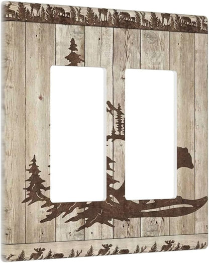 Rustic Wood Bear Forest 2 Gang Rocker Decora Light Switch Cover Decorative Vintage Antique Cabin Outlet Covers Wall Plate Electrical Faceplate Switchcovers GFCI for Farmhouse Bathroom Bedroom Decor
