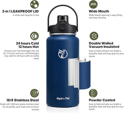 Half Gallon Insulated Water Bottle with 2-in-1 Lid (Chug Lid/Straw Lid), 40/64oz Double Walled Vacuum Stainless Steel Water Bottles, Water Jug with Straw