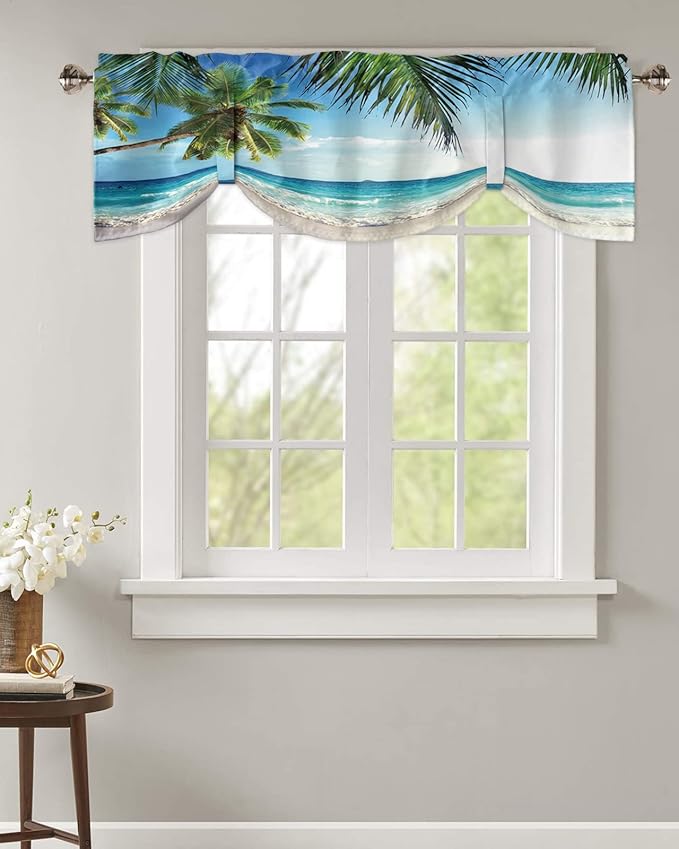 Palms Tree Ocean Blackout Tie Up Valance Curtains for Kitchen Windows Tropical Sea Window Toppers Balloon Shades for Living Room/Bathroom/Bedroom,1 Panel,60" X 18" Beach Theme