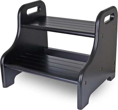 Acacia 2-Step Stool for Kid, Toddler Wood Step Ladder with 2 Handles, Safe Non-Slip Bottom, Rounded Corners, Supports up to 300 lbs, Perfect for Bathroom Bedroom (Black)