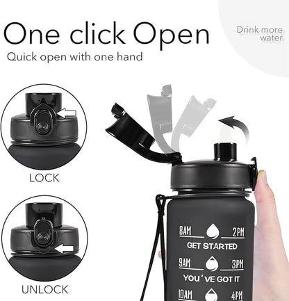 32 oz Water Bottle with Straw and Sleeve, Motivational Water Bottle with Time Marker and Adjustable Shoulder Strap, BPA Free Leakproof Sport Water Jug for Hiking, Gym