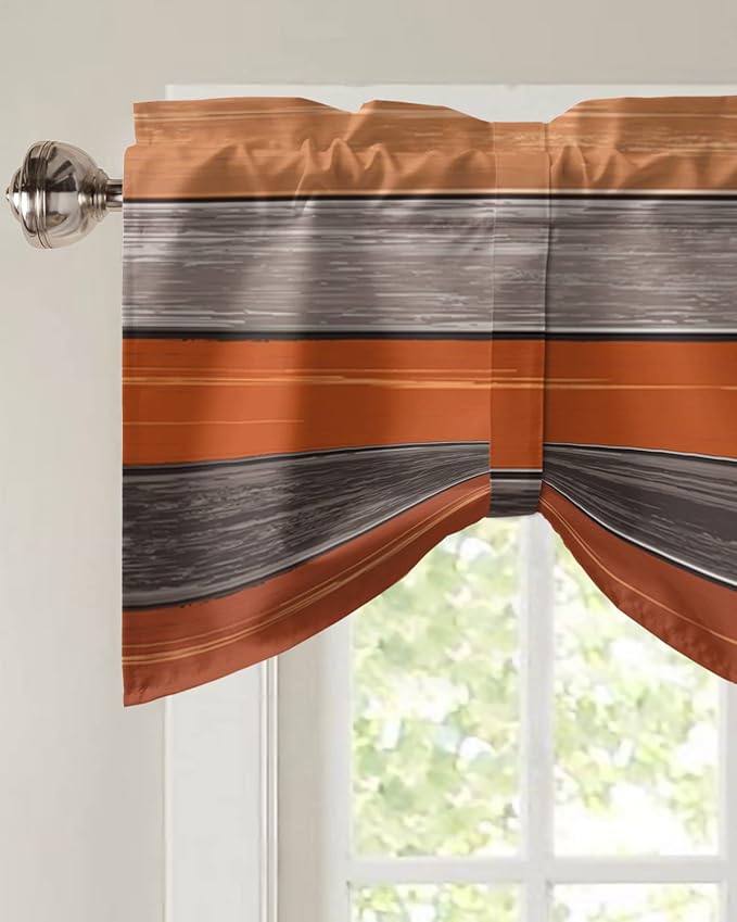 Farmhouse Thanksgiving Fall Blackout Tie Up Valance Curtains for Kitchen Windows Burnt Orange Gray Window Toppers Balloon Shades for Living Room/Bathroom/Bedroom,1 Panel,42" X 18" Rustic Wood Texture