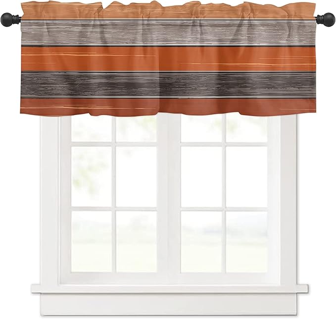 Farmhouse Kitchen Curtains Thanksgiving Fall Valances for Windows Burnt Orange Gray Rod Pocket Country Window Treatment for Kitchen /Living Room/Bedroom/ Bath,42" X 12" -1 Panel, Rustic Wood Texture