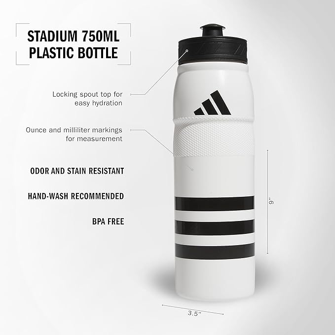 adidas 750 ML (28 oz) Stadium Refillable Plastic Sport Water Bottle, White/Black/Black, One Size