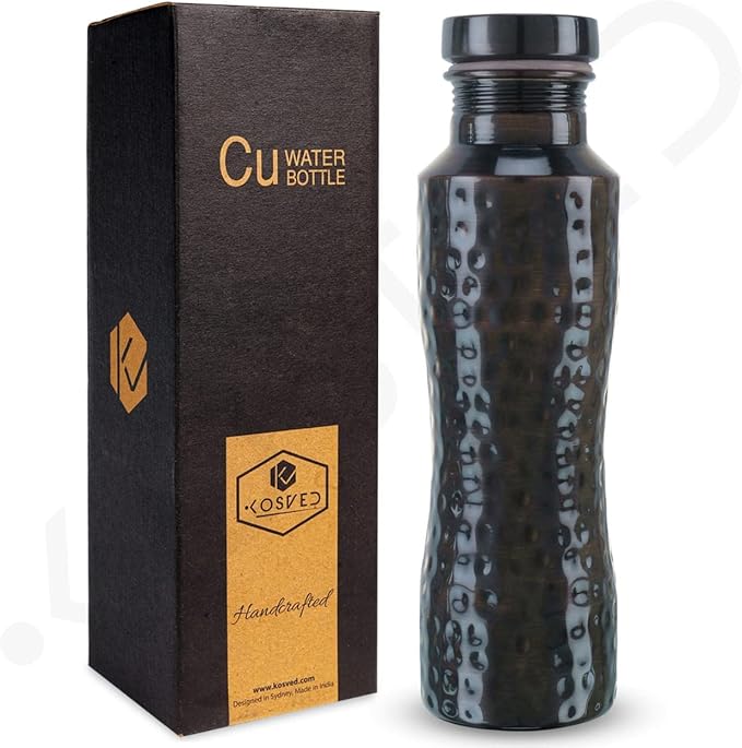 Pure Copper Jasmine Antique Hammered Water Bottle: A Premium Design Bottle with Ayurvedic Health Benefits, Leak Proof and Durable Copper Water Bottle for drinking (800ml / 27oz)