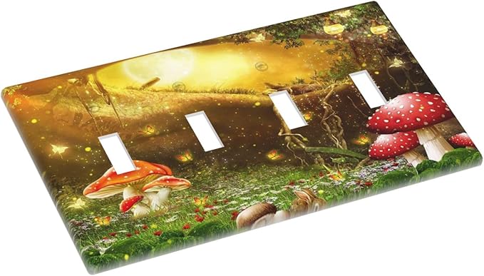 Red Mushroom Forest Fairy Moon Butterfly Quad Toggle Bohemian Light Switch Covers Decorative 4 Gang Wall Plate Electrical Faceplate Switchplate for Kidroom Nursery Bedroom Decor
