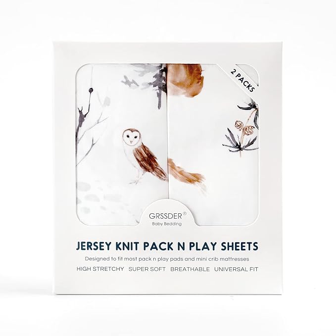GRSSDER Stretchy Ultra Soft Jersey Knit Pack and Play Sheets 2 Pack, Portable/Mini Crib Sheets Universal Fitted for Playpen Mattress Safe and Snug, Stylish Cute Animal Print Baby Sheets