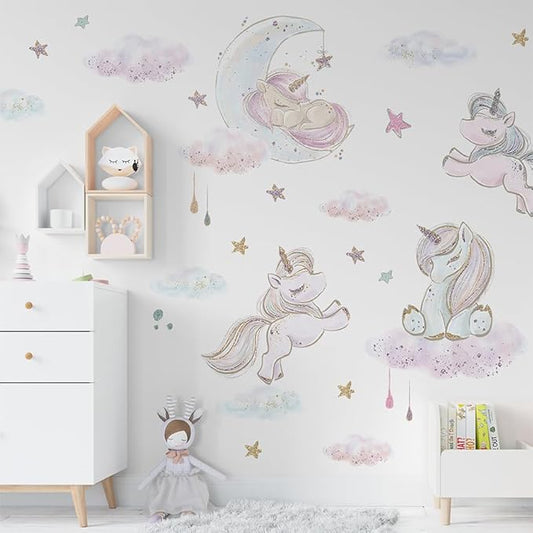 Unicorn Wall Decals for Kids by Lipastick - Unicorn Wall Stickers Peel and Stick - Wall Decals for Girls Kids Baby Nursery Bedroom - Kids Colorful Decals Glittered Moon Stars Clouds S Size