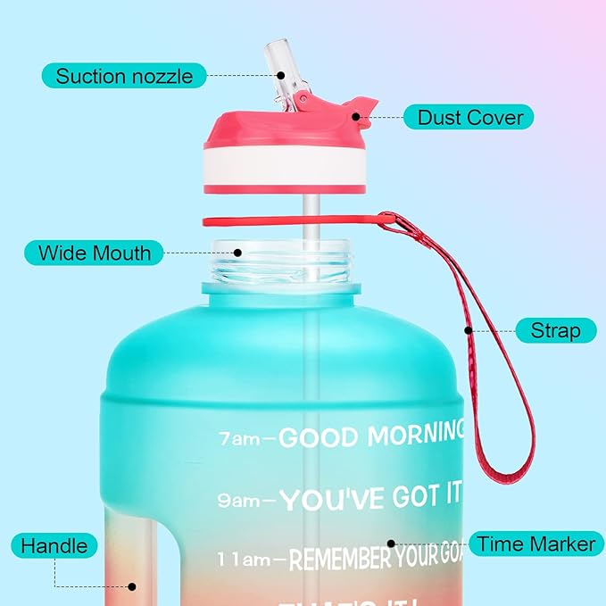 QuiFit Motivational Gallon Water Bottle - with Straw & Time Marker BPA Free Large Reusable Sport Water Jug with Handle for Fitness Outdoor Enthusiasts Leak-Proof