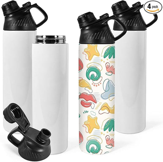 AGH 20 oz Sublimation Sports Water Bottle Blanks with Straw & Handle Lid Straight Tumblers Stainless Steel Metal Vacuum Insulated Flask for Glitter Vinyl, Sport Outdoor Travel 4pcs