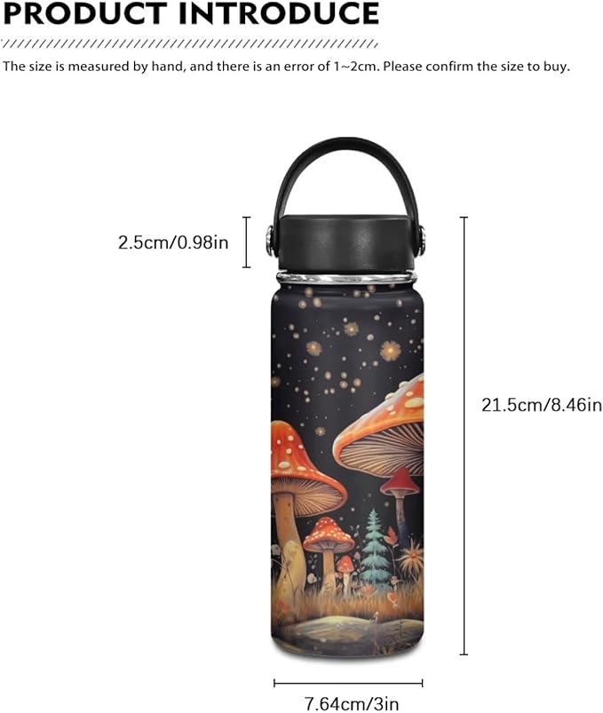 Mushroom Insulated Water Bottle for Women Men 20 Oz Vacuum Water Bottle for Hot & Cold Drinks, Wide Mouth, Great for Travel, Hiking & Camping