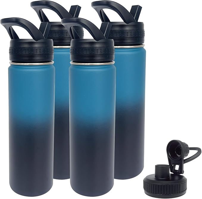 4pack 22 oz Insulated Water Bottle With Straw, Stainless Steel Sports Water Cup Flask with 2 Lids, Wide Mouth Travel Thermal Mug,Navy Black