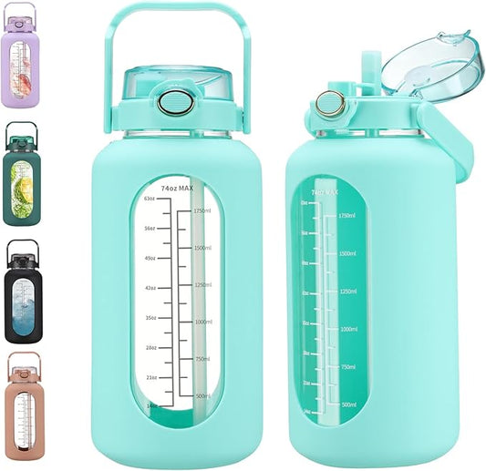74 oz Glass Water Bolttles with Straw Large Motivational Water Bottle with Time Marker Sports Water Bottles with Silicone Sleeve and Handle Lid 2.2L Water Jug for Gym Workout
