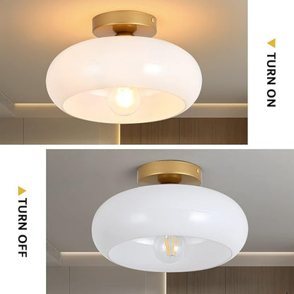 Mid-Century Modern Gold Semi Flush Mount Ceiling Light, Kitchen Ceiling Light Fixture with Glass Shade, Vintage White Close to Ceiling Lamp for Entryway Hallway Bathroom (11.0 Inch)