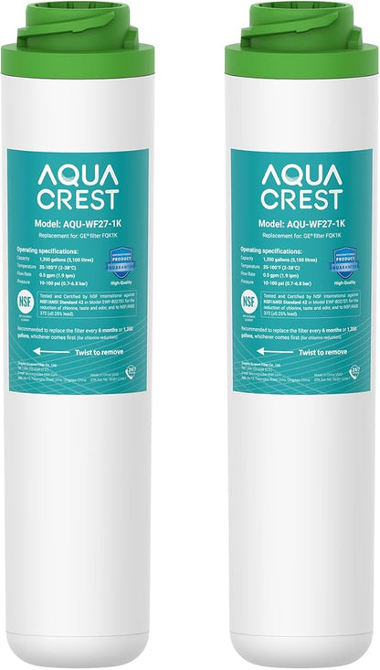 AQUA CREST FQK1K Under Sink Water Filter, 1350 Gallons, Replacement for GE FQK1K, FQK2J, GXK185K and GX1S50R (Pack of 2)