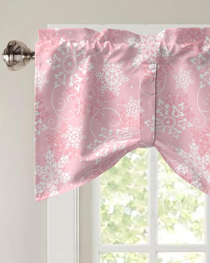 Christmas Blackout Tie Up Valance Curtains for Kitchen Windows Pink White Snowflakes Pattern Window Toppers Balloon Shades for Living Room/Bathroom/Bedroom,1 Panel, 54" X 18", Winter