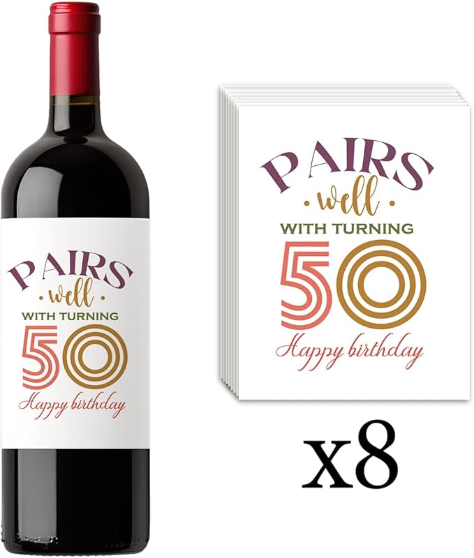 8 Pcs 50th Birthday Gifts for Women Her Him Wine Labels, Happy 50th Birthday Party Decorations for Woman Man Wine Bottle Stickers, 50 Years Old Birthday Gifts for Women, 50th Wine Bottle Labels