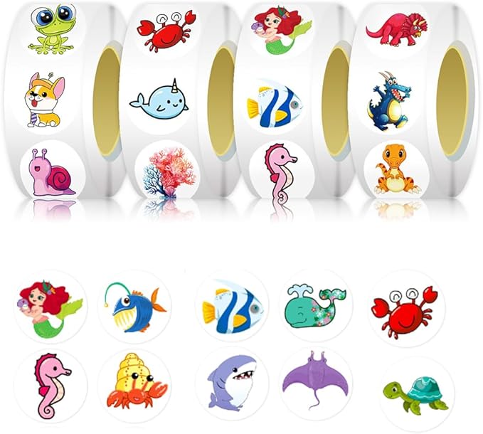4 Roll/500 PCS Animal Stickers Ocean Animal Stickers School Supplies Incentives Roll Sticker Animal Party Favor Stickers