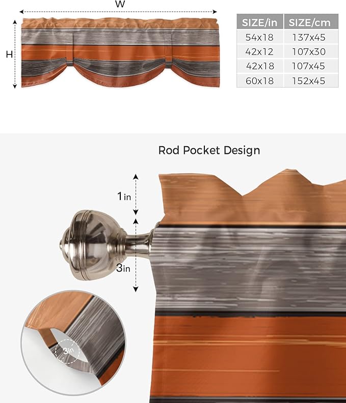 Farmhouse Thanksgiving Fall Blackout Tie Up Valance Curtains for Kitchen Windows Burnt Orange Gray Window Toppers Balloon Shades for Living Room/Bathroom/Bedroom,1 Panel,42" X 18" Rustic Wood Texture